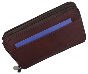 Womens Zip Around Genuine Leather Checkbook Credit Card ID Holder Wallet Brown-menswallet