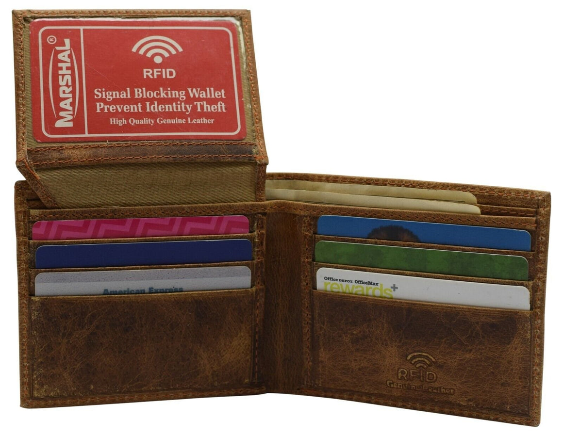 RFID Blocking Genuine Hunter Leather Men's Bifold Logo Debossed Wallets-menswallet
