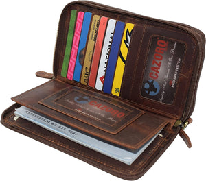 RFID Blocking Wallets for Women Vintage Leather Double Zipper Clutch Checkbook Ladies Wallet (Brown HTC)-menswallet