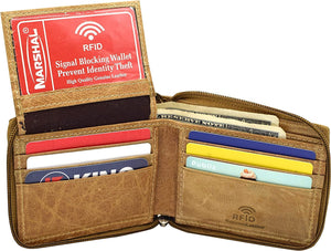 Mens Zip Around RFID Blocking Cowhide Leather Zipper Bifold Wallet for Men-menswallet