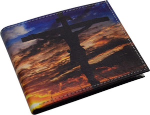 RFID Blocking Printed Jesus Cross Sunset Printed Bifold Genuine Leather Wallet with Gift box-menswallet