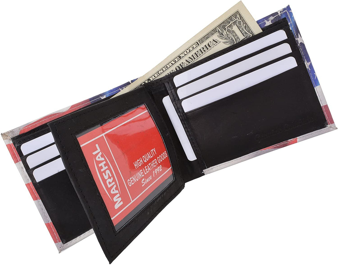 Men's Genuine Leather Bifold Multi Card ID Center Flap American USA Flag Wallet