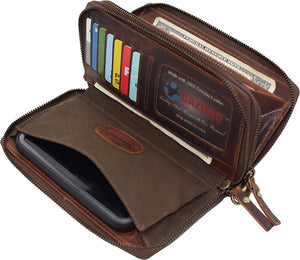 CAZORO Women's Vintage Leather RFID Blocking Wallet Double Zipper Organizer Large Phone Pocket Wrislet Wallets for Women (Jeans Brown)-menswallet