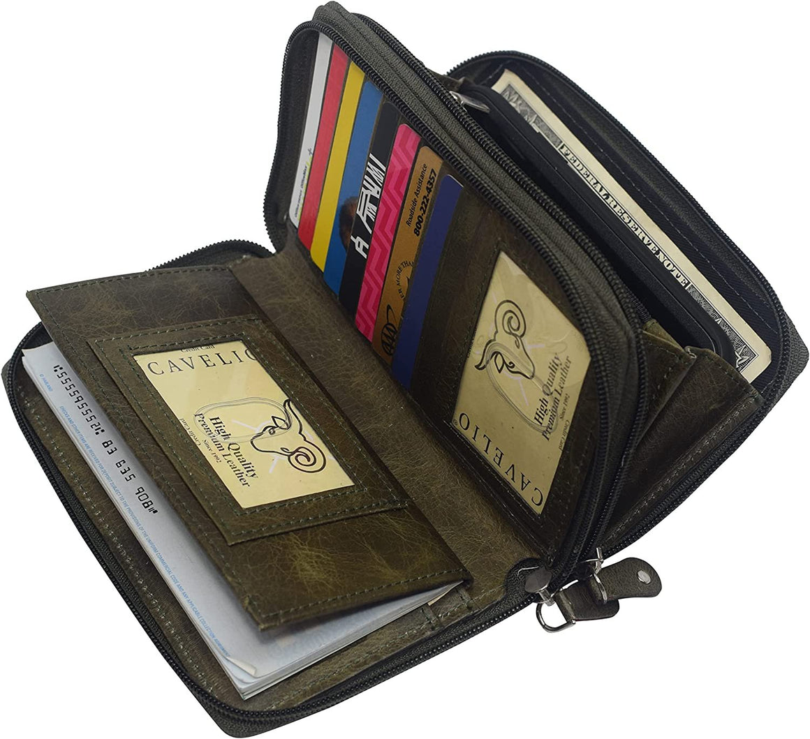 Marshal Genuine Leather Double Zipper Clutch Checkbook Wallet for Women #4575CF-menswallet