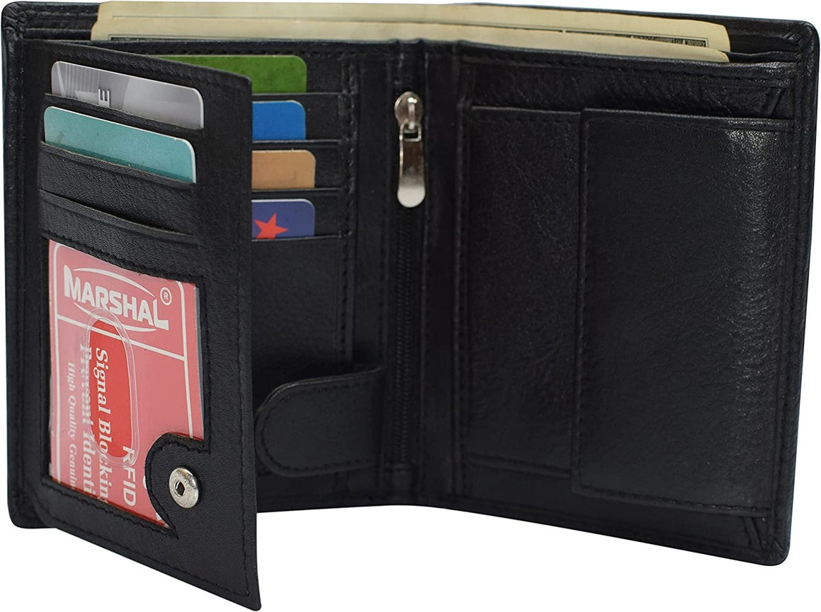 Marshal Men's Genuine Leather Hipster Style Bifold Trifold RFID Blocking Wallet with ID Window-menswallet