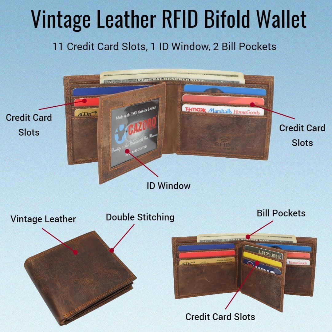 Men's RFID Blocking Vintage Leather Center Flap Bifold Credit Card ID Wallet for Men (Brown)-menswallet