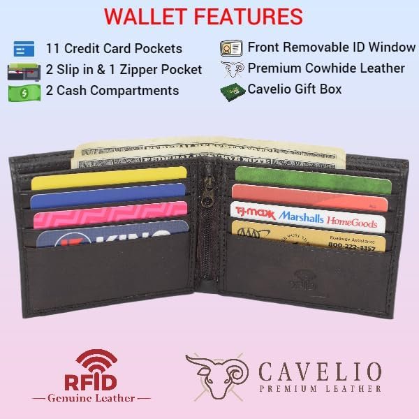 Real Leather Front Removable ID Card Holder Bifold RFID Blocking Wallet for Men with Gift Box (Black)-menswallet