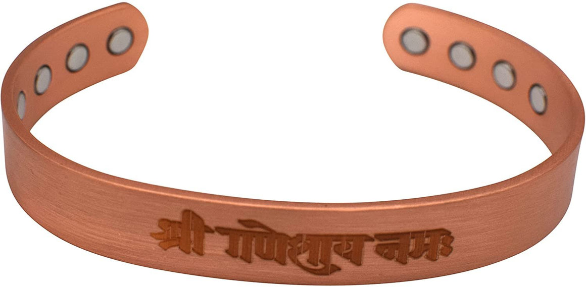 Shri Ganesh Namah Pure Copper Bracelet Adjustable 8 Strong Magnets for Men & Women Gift Bag (12.5mm)
