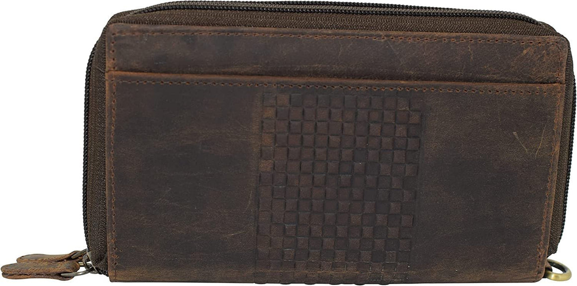 RFID Blocking Wallets for Women Vintage Leather Double Zipper Clutch Checkbook Ladies Wallet (Brown HTC)-menswallet