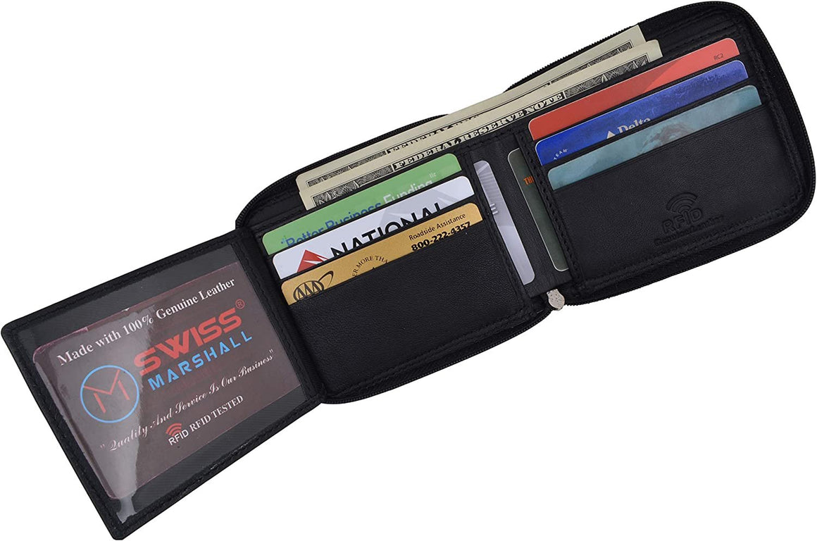 Swiss Marshall Men's Zipper RFID Blocking Premium Leather Zip-Around ID Bifold Wallet (Brown)-menswallet