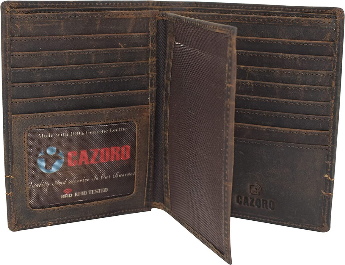 CAZORO RFID Blocking Hipster Bifold Men's Vintage Leather Multi-Card ID Holder European Wallet for Men (Logo)-menswallet
