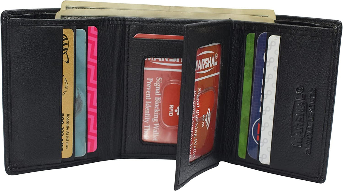 Marshal RFID Protected Men's Cowhide Leather Trifold Wallet with 9 Card Slots 2 Note Pocket & 2 ID Windows (Tan)
