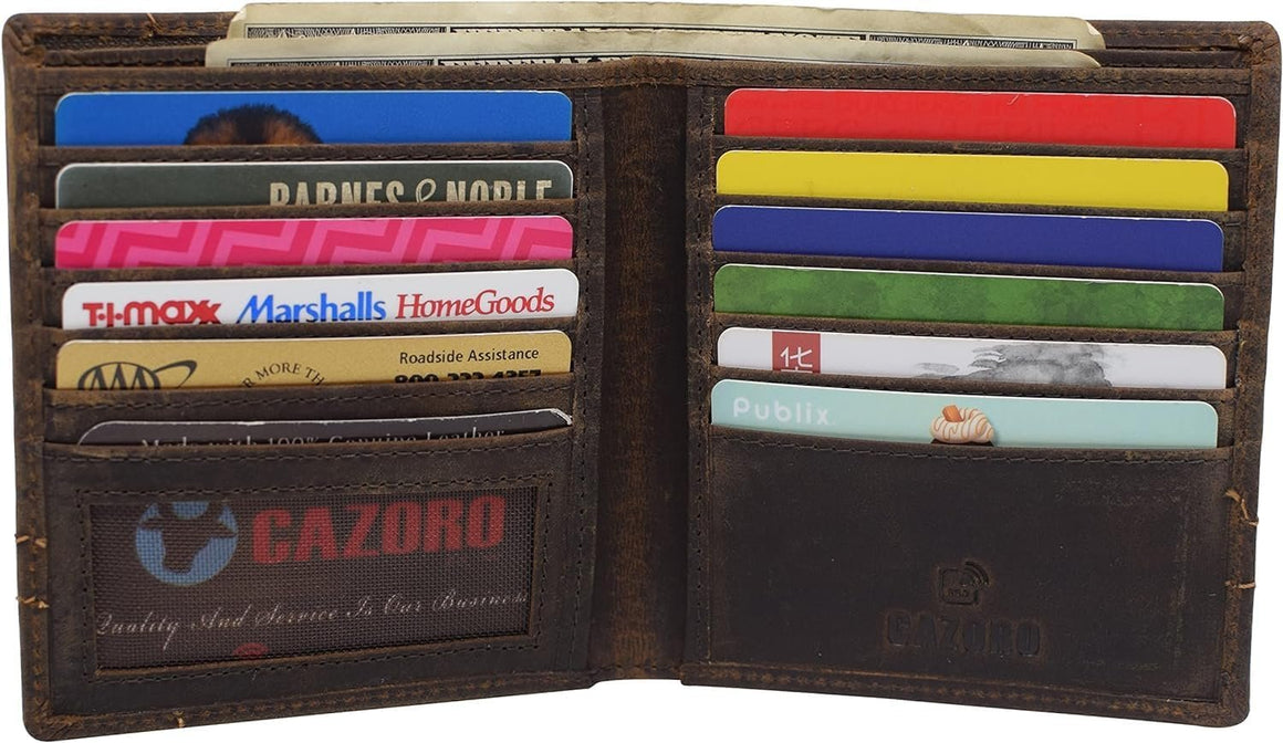 CAZORO Vintage Leather Slim Hipster Bifold Wallets for Men Large Bifold Wallet- RFID Protection (Plain)-menswallet