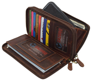 RFID Blocking Wallets for Women Vintage Leather Double Zipper Clutch Checkbook Ladies Wallet (Brown HTC)-menswallet