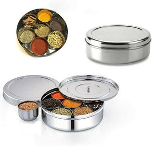Stainless Steel Indian Spice Box, Indian Double Lid Masala Dabba, Masala Box Steel Masala Dabba, Indian Spice Container, with 7 Spice containers-menswallet