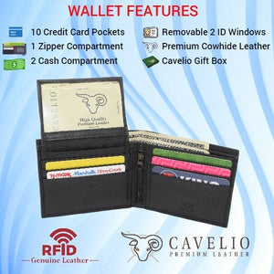 RFID Slim Front Pocket Wallets For Men - Genuine Leather Mens Bifold Wallet With Removable 2 ID Windows Zipper Coin Stylish Passcase (Brown)-menswallet