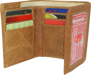 Marshal RFID Blocking Men's Cowhide Leather Outside ID Credit Card Holder Trifold Tan Wallet-menswallet