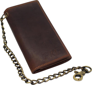 CAZORO Personalized Bikers RFID Safe Cow Vintage Leather Brown Long Checkbook Trifold Chain Wallet for Men-menswallet