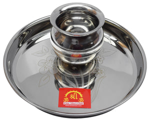 Stainless Steel Plate Dish Kalash Lota Pot Kalsa Parai Puja Accessory Gifts Pooja Flower Design-menswallet