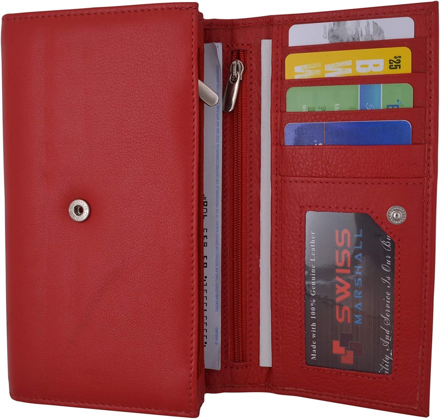 Swiss Marshall Women RFID Blocking Real Leather Wallet - Clutch Checkbook Wallet for Women Red