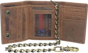 CAZORO Men's RFID Blocking Trifold Vintage Leather Biker Chain Wallet With Snap Closure (Dark Beige)-menswallet