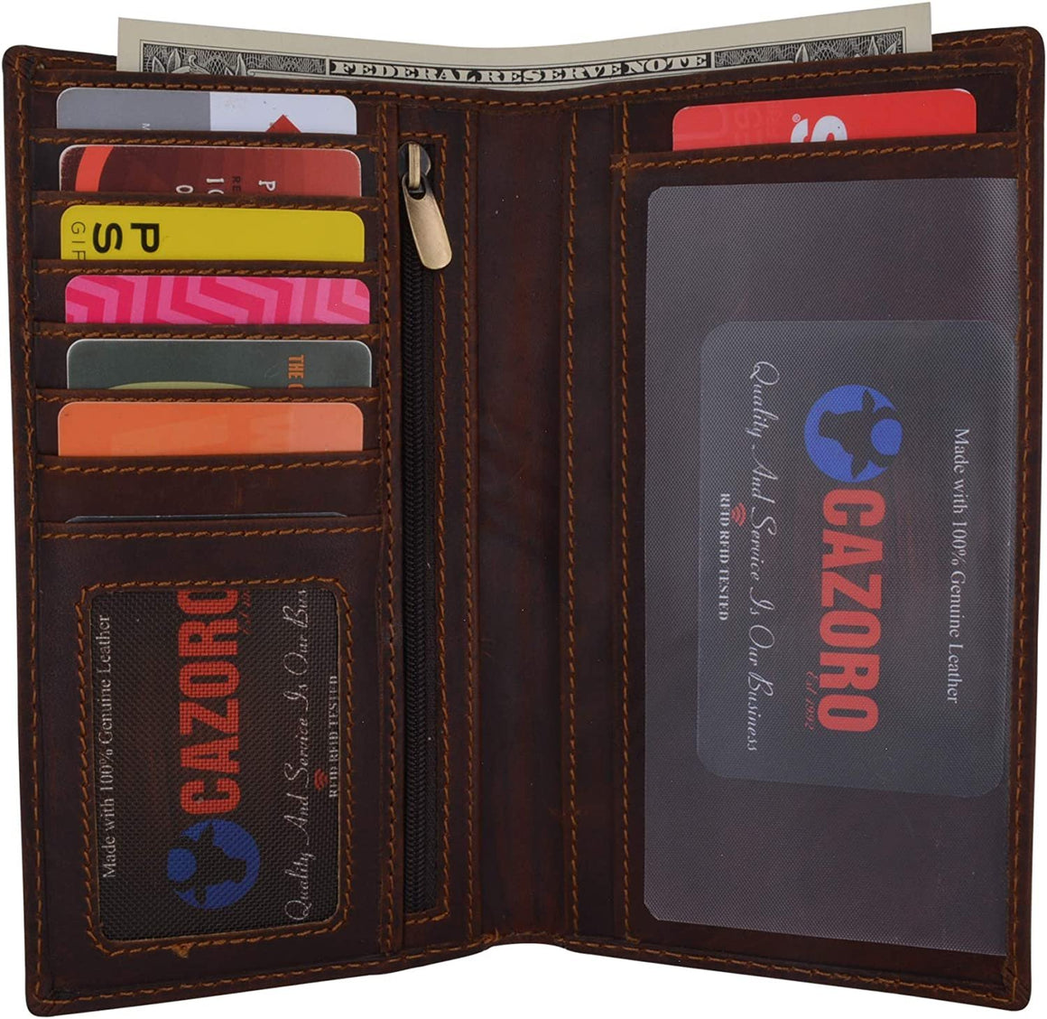 CAZORO Personalized Name Initials RFID Blocking Vintage Leather Slim Long Bifold Checkbook Wallet-menswallet