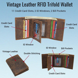 RFID Blocking Premium Vintage Leather Classic Trifold Credit Card ID Wallet for Men (Brown)-menswallet