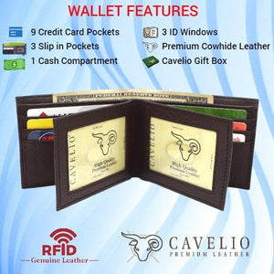 Mens Wallet RFID Genuine Leather Bifold Wallets For Men, 3 ID Windows 12 Card Holders Gift Box (Brown)-menswallet
