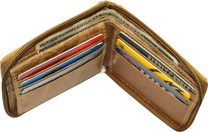 Men's Zip Around RFID Blocking Genuine Leather Outside ID Bifold Tan Wallet for Men-menswallet