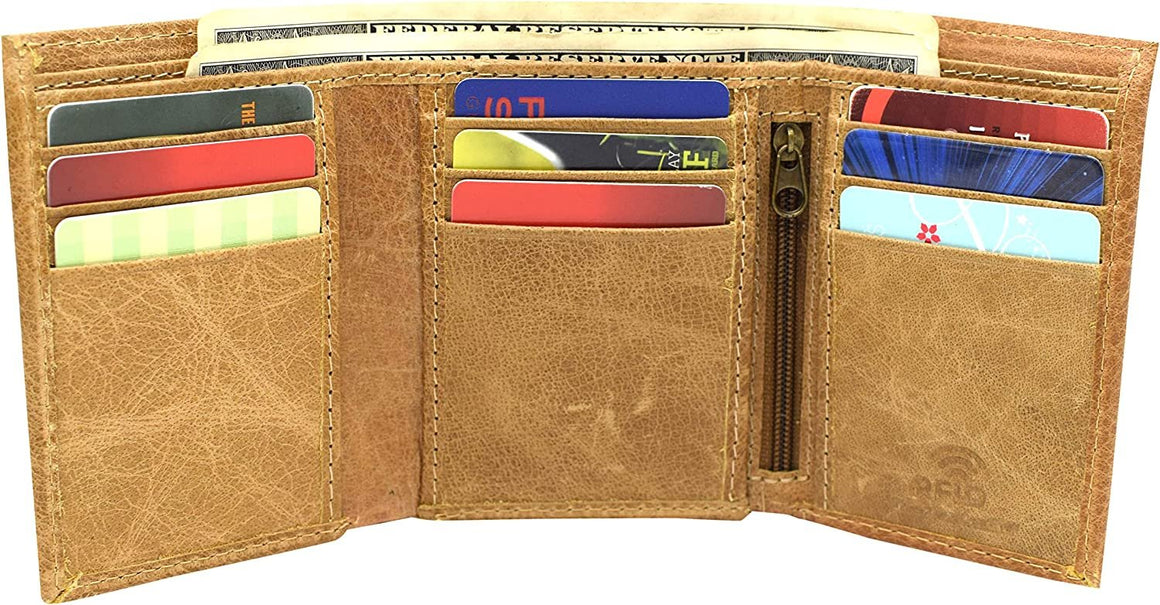 Marshal RFID Blocking Men's Cowhide Leather Outside ID Credit Card Holder Trifold Tan Wallet
