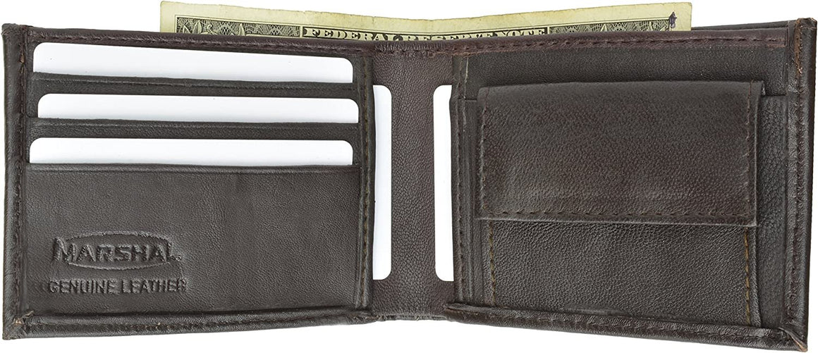 Marshal® Leather Men Bifold Wallet Black Change Pocket FREE Organza Gift Bag (Brown)-menswallet