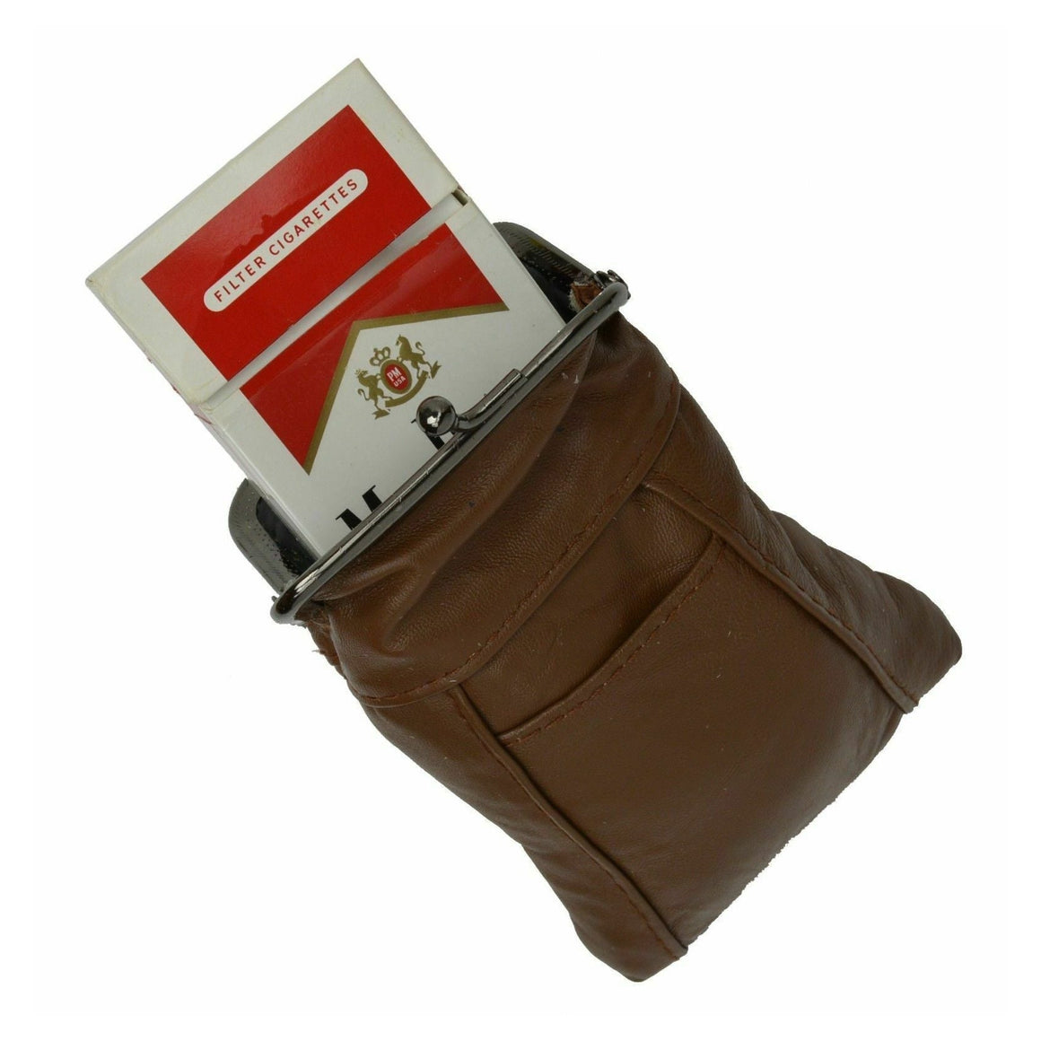 Brown Cigarette Leather Case Lighter Pouch Clip Top Regular 100's Holder-menswallet